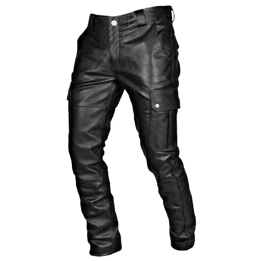 Pantalon cuir homme noir, style motard rock. Coupe élégante et confortable.