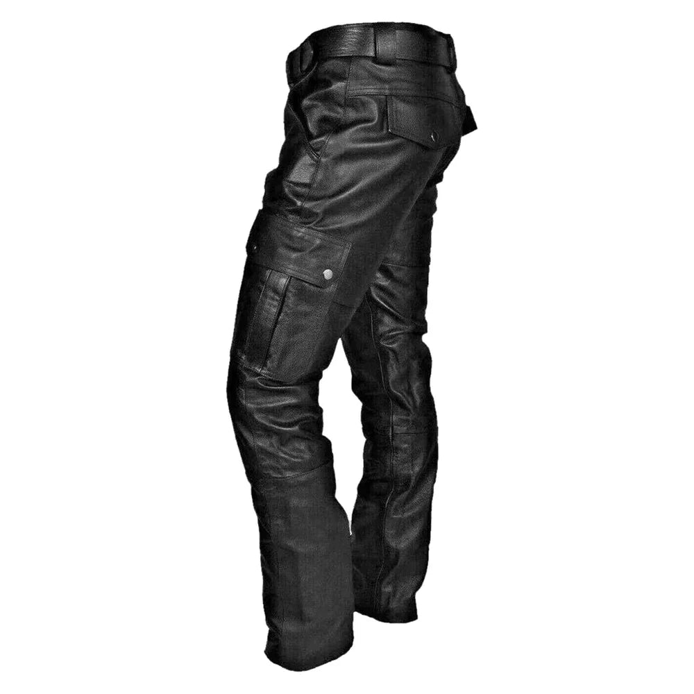 Pantalon cuir homme noir, style motard rock. Coupe élégante et confortable.