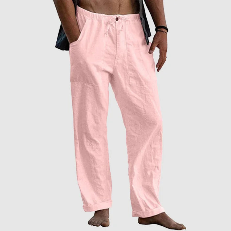 Pantalon décontracté homme en lin avec cordon de serrage, idéal pour l'été et un style confortable.