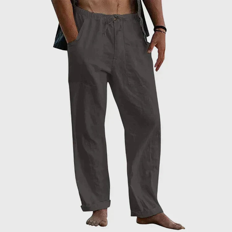 Pantalon homme en lin coupe décontractée, léger et respirant, avec cordon de serrage pour un confort estival ultime.