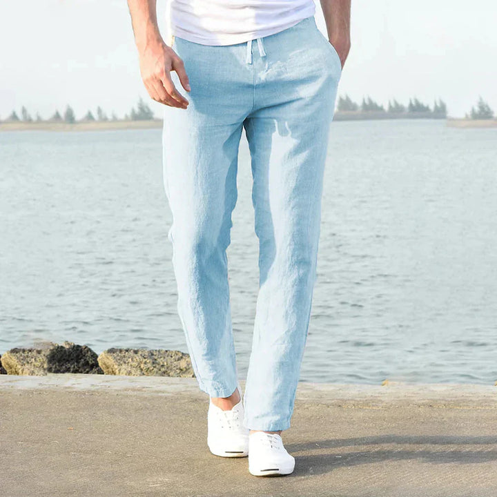 Pantalon homme en lin, coupe élégante pour un look d'été décontracté et moderne. Vêtement confortable et tendance.