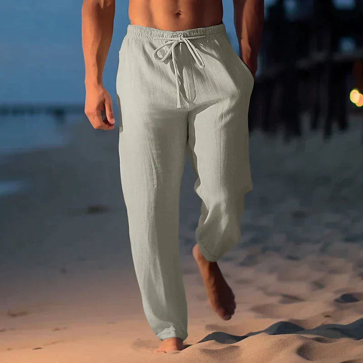 Pantalon de plage homme en lin, coupe décontractée, taille élastique pour l'été et les vacances.