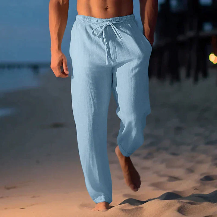 Pantalon homme en lin doux, décontracté, couleur unie, idéal pour le confort et les loisirs d'été.