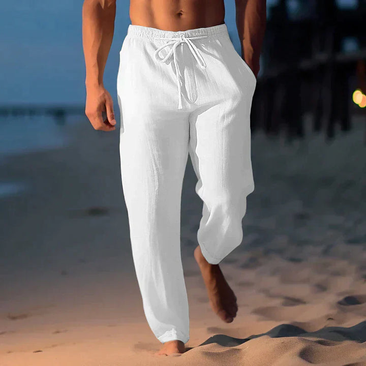 Pantalon de plage homme léger en lin, style décontracté, confortable avec taille élastique pour les vacances.