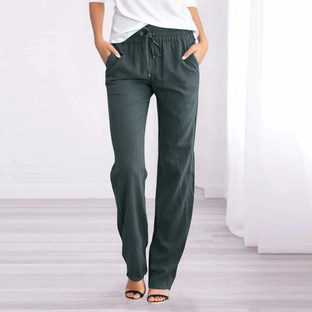 Pantalon décontracté femme en coton et lin, léger, jambe droite, couleur claire, idéal pour l'été, avec poches pratiques.