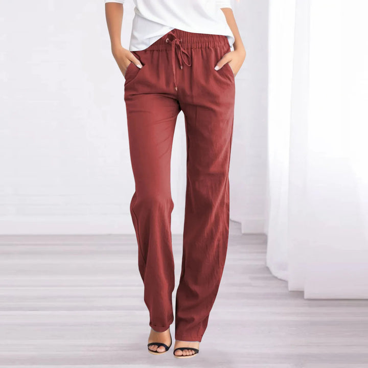 Pantalon décontracté femme en coton et lin, léger, jambe droite, couleur claire, idéal pour l'été, avec poches pratiques.