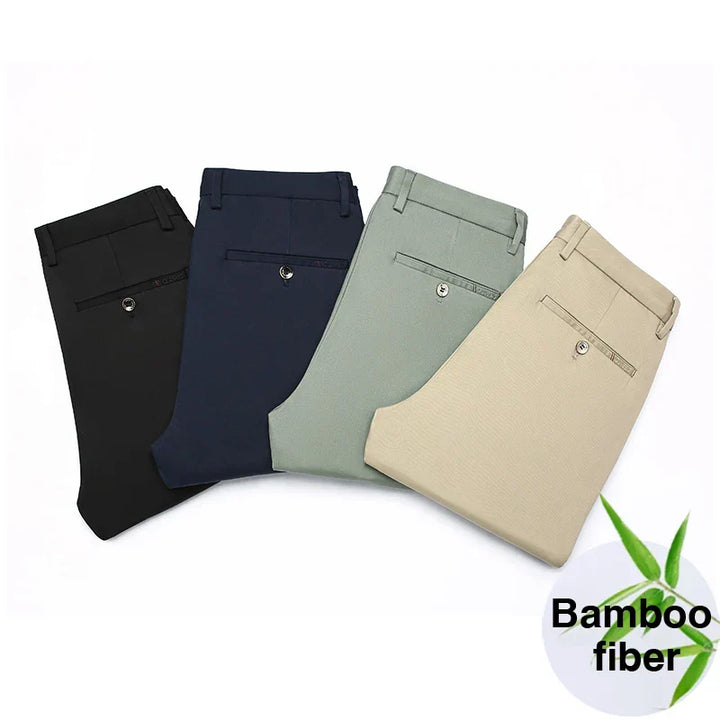 "Pantalon décontracté homme kaki, coupe moderne, tissu bambou-coton, élégant pour travail et sorties, confort quotidien."