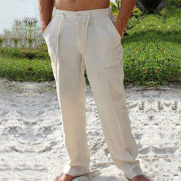 "Pantalon d'été ample en lin pour homme, longueur cheville, ceinture élastiquée, tissu léger et respirant"