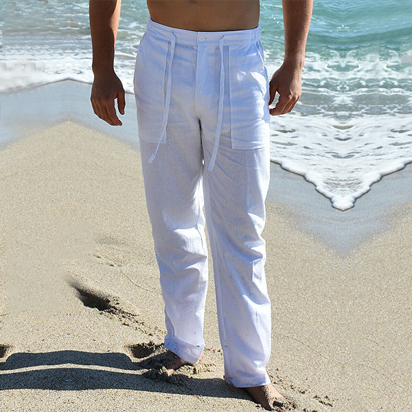 "Pantalon d'été ample en lin pour homme, longueur cheville, ceinture élastiquée, tissu léger et respirant"
