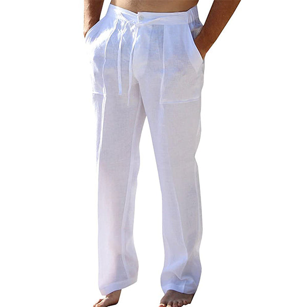 "Pantalon d'été ample en lin pour homme, longueur cheville, ceinture élastiquée, tissu léger et respirant"
