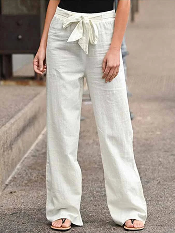 "Pantalon d'été en lin pour femme, coupe large, ceinture à nouer, disponible en blanc, bleu, marron, style chic"