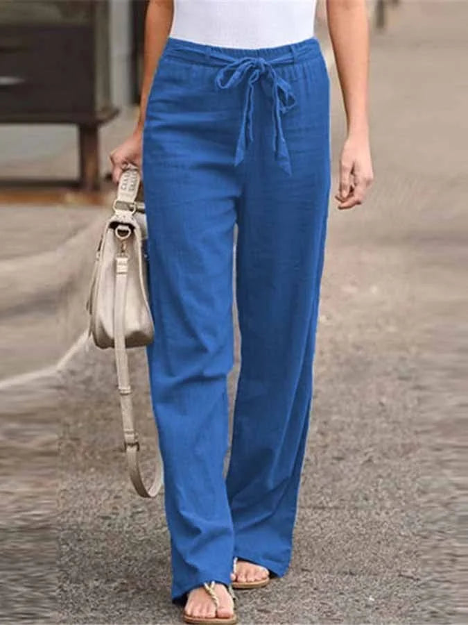 "Pantalon d'été en lin pour femme, coupe large, ceinture à nouer, disponible en blanc, bleu, marron, style chic"