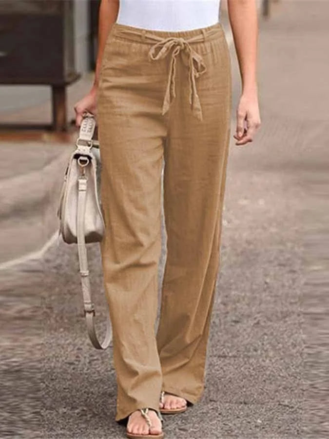 "Pantalon d'été en lin pour femme, coupe large, ceinture à nouer, disponible en blanc, bleu, marron, style chic"