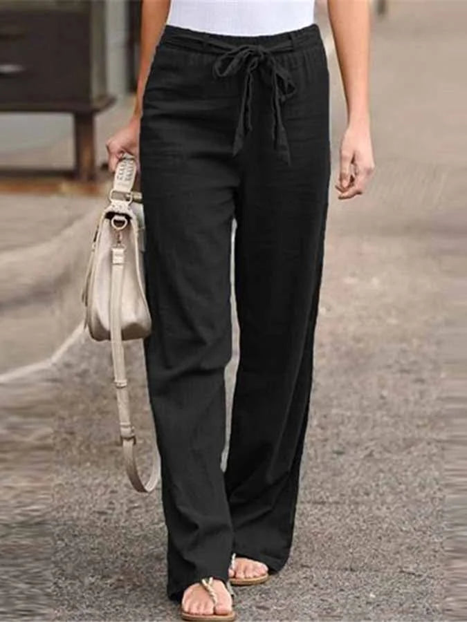 "Pantalon d'été en lin pour femme, coupe large, ceinture à nouer, disponible en blanc, bleu, marron, style chic"