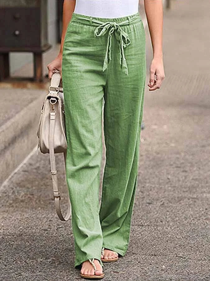 "Pantalon d'été en lin pour femme, coupe large, ceinture à nouer, disponible en blanc, bleu, marron, style chic"