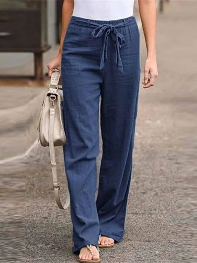 "Pantalon d'été en lin pour femme, coupe large, ceinture à nouer, disponible en blanc, bleu, marron, style chic"