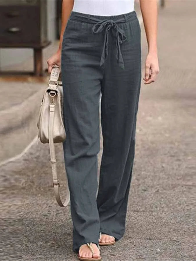 "Pantalon d'été en lin pour femme, coupe large, ceinture à nouer, disponible en blanc, bleu, marron, style chic"
