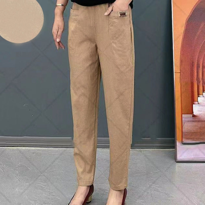 "Pantalon en coton pour femmes, élégant et confortable, avec détails élastiques et disponible en plusieurs couleurs."
