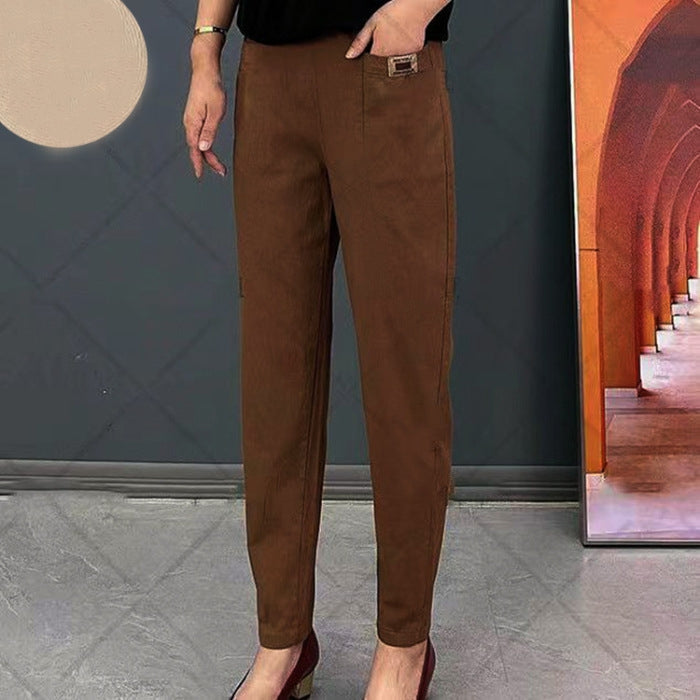 "Pantalon en coton pour femmes, élégant et confortable, avec détails élastiques et disponible en plusieurs couleurs."