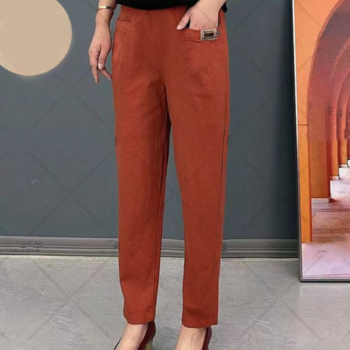 "Pantalon en coton pour femmes, élégant et confortable, avec détails élastiques et disponible en plusieurs couleurs."