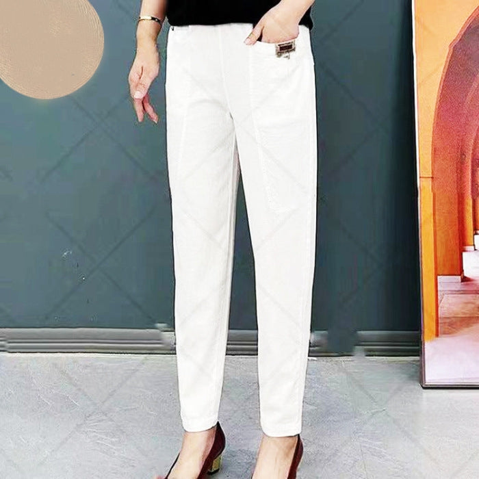 "Pantalon en coton pour femmes, élégant et confortable, avec détails élastiques et disponible en plusieurs couleurs."