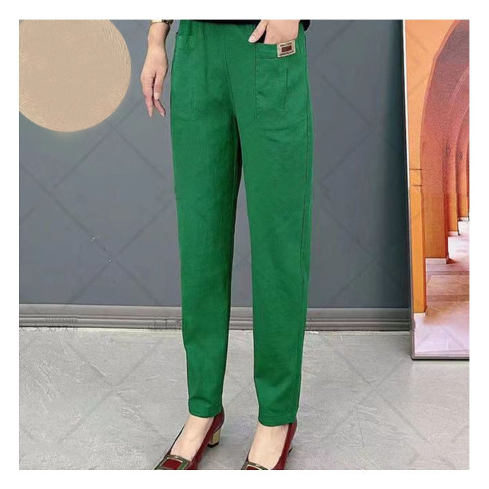 "Pantalon en coton pour femmes, élégant et confortable, avec détails élastiques et disponible en plusieurs couleurs."