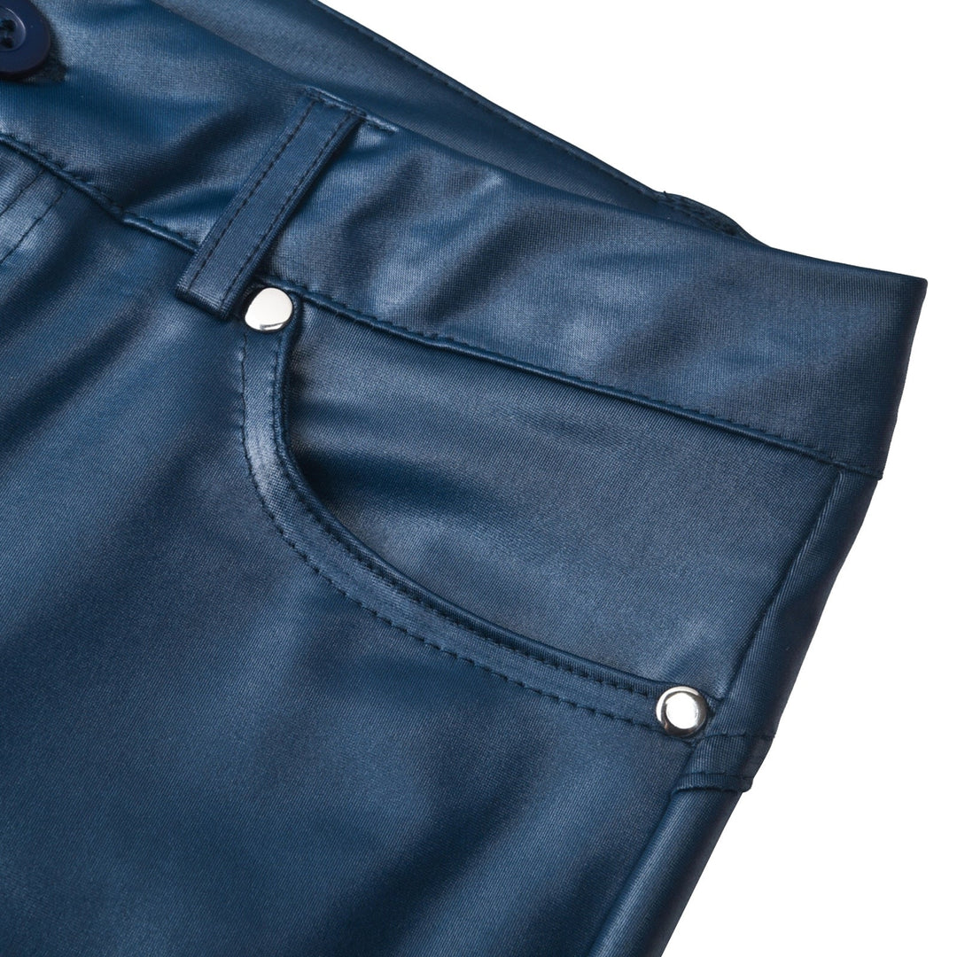 Pantalon en cuir stretch noir femme, coupe slim, idéal pour un style élégant et moderne.