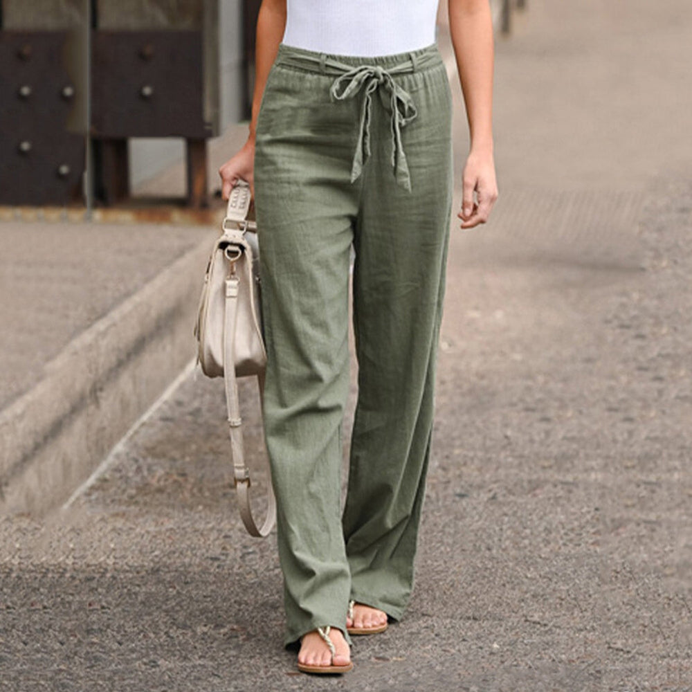 "Pantalon en lin beige pour femme avec coupe ajustée, confort et style, idéal pour toutes occasions, disponible en plusieurs 