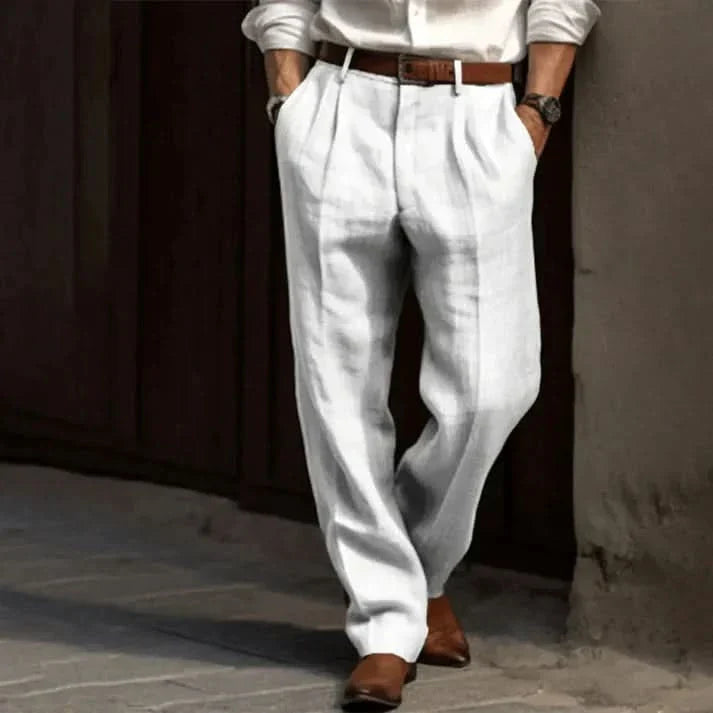 Pantalon en lin classique homme, léger, coupe décontractée, couleur neutre, idéal pour confort et style quotidien.