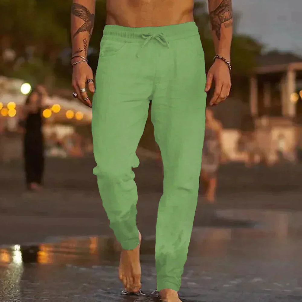 "Pantalon en lin décontracté pour homme, couleur beige, coupe droite, tissu léger et respirant pour été."