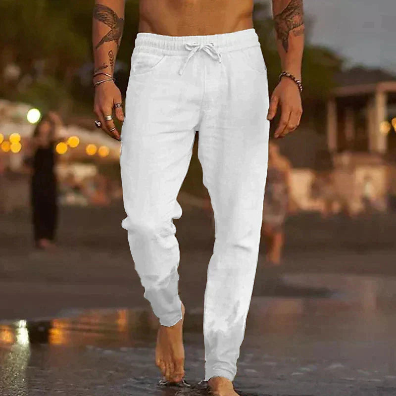 "Pantalon en lin décontracté pour homme, couleur beige, coupe droite, tissu léger et respirant pour été."