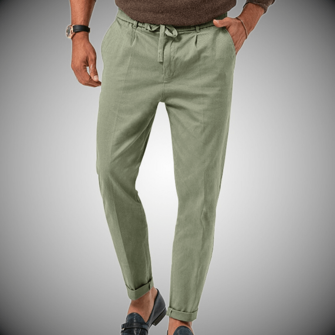 Pantalon en lin élégant et confortable pour homme, vue principale, tissu léger, idéal pour été et occasions formelles.