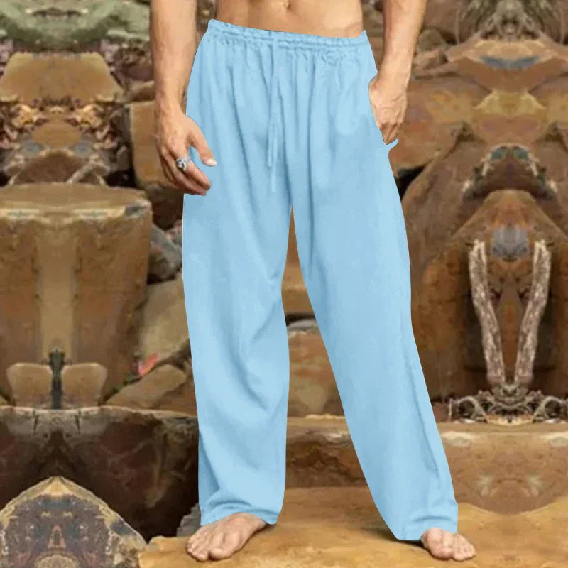 Pantalon en lin homme, coupe moderne et décontractée. Idéal pour les loisirs d'été, confortable et respirant.