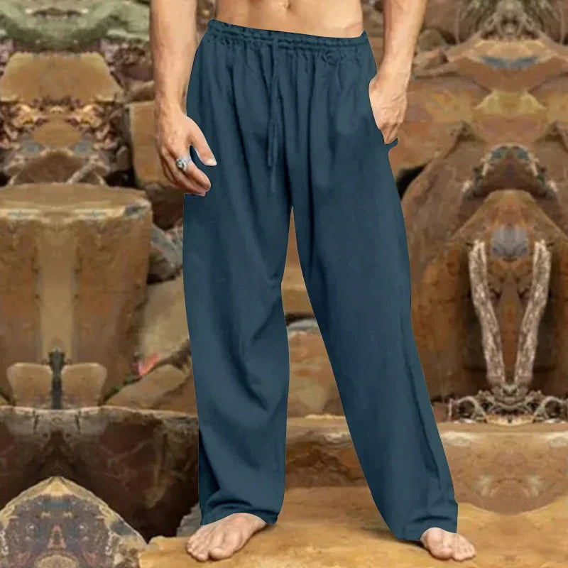 Pantalon homme élégant en lin, style décontracté. Parfait pour les loisirs ou un look moderne et confortable.