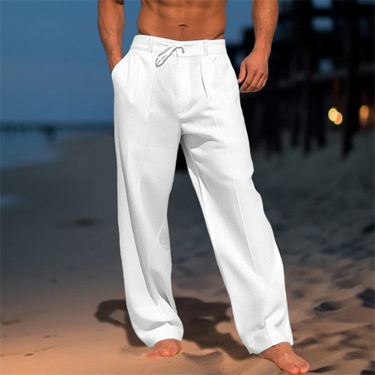 "Pantalon en lin léger pour homme, coupe ample avec plis, cordon ajustable à la taille, idéal pour un style décontracté."