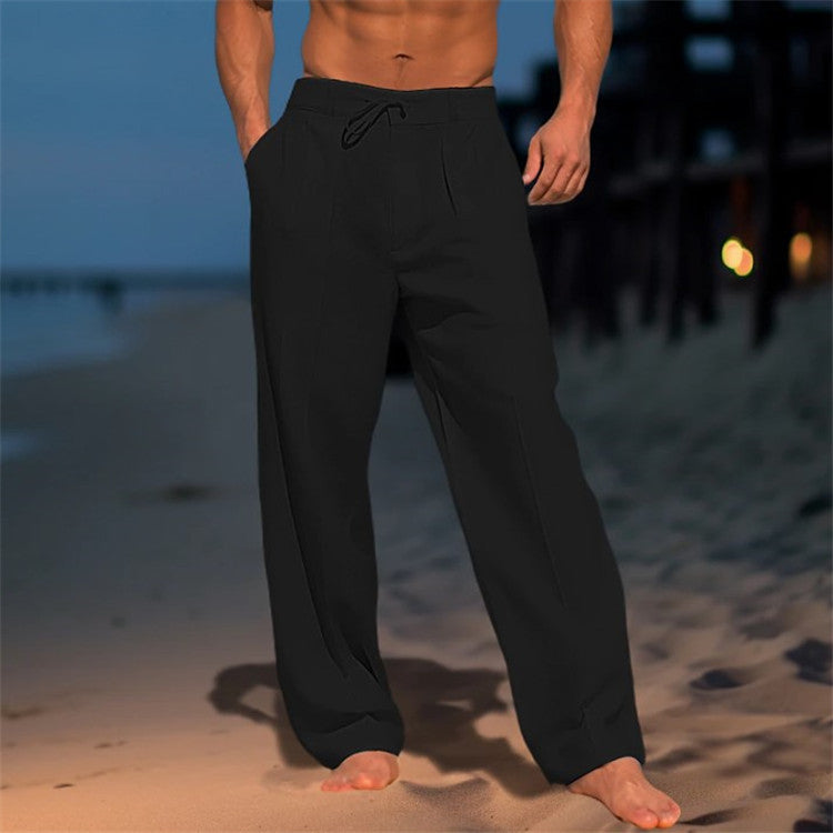 "Pantalon en lin léger pour homme, coupe ample avec plis, cordon ajustable à la taille, idéal pour un style décontracté."