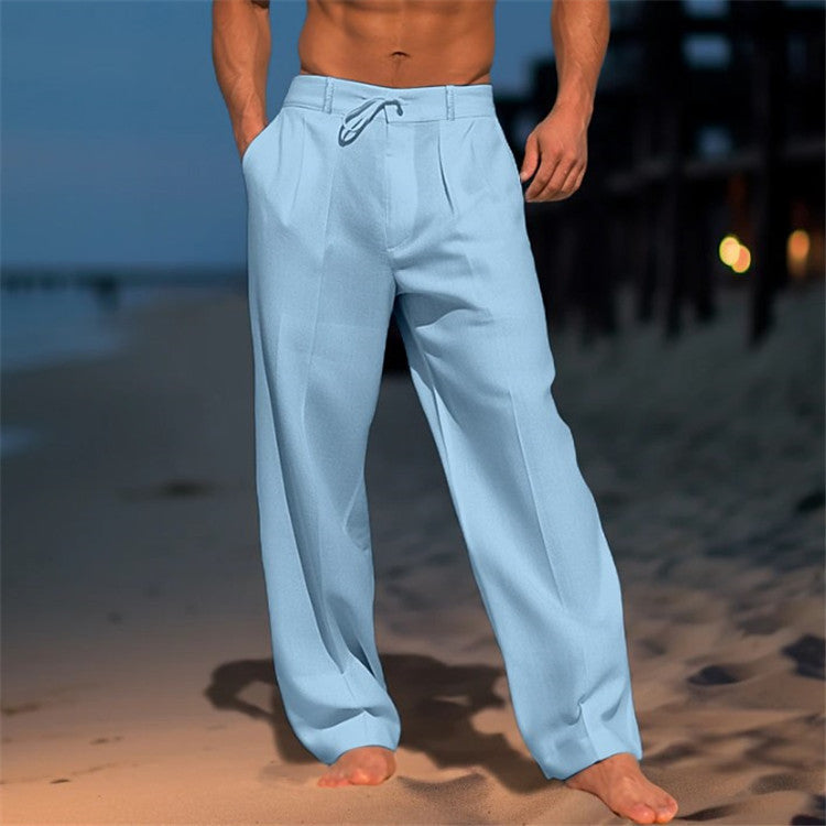 "Pantalon en lin léger pour homme, coupe ample avec plis, cordon ajustable à la taille, idéal pour un style décontracté."