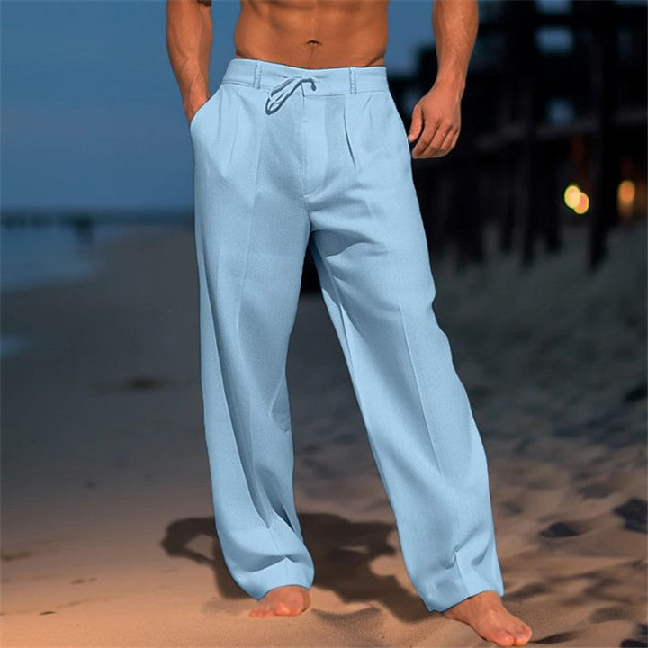 "Pantalon en lin léger pour homme, coupe ample avec plis, cordon ajustable à la taille, idéal pour un style décontracté."
