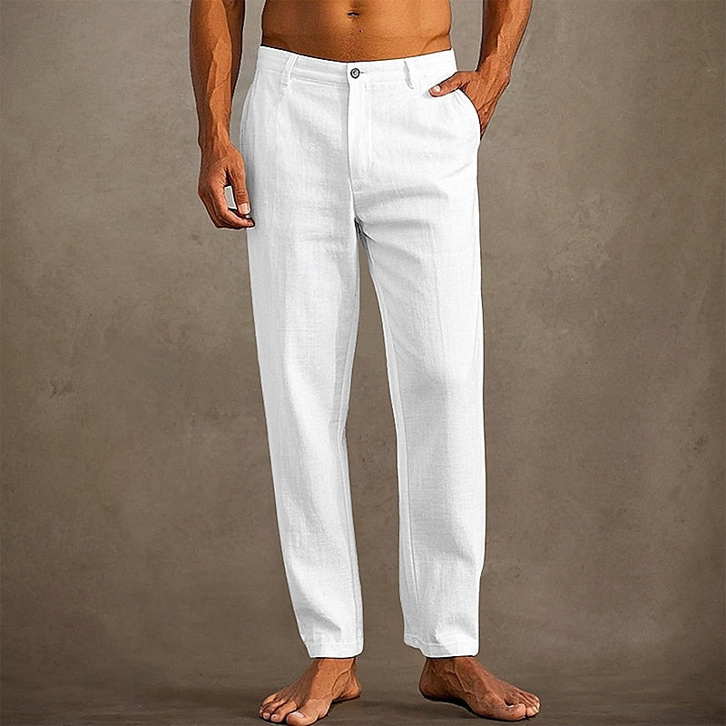 "Pantalon en lin léger pour homme, coupe décontractée, couleur estivale, idéal pour temps chaud."