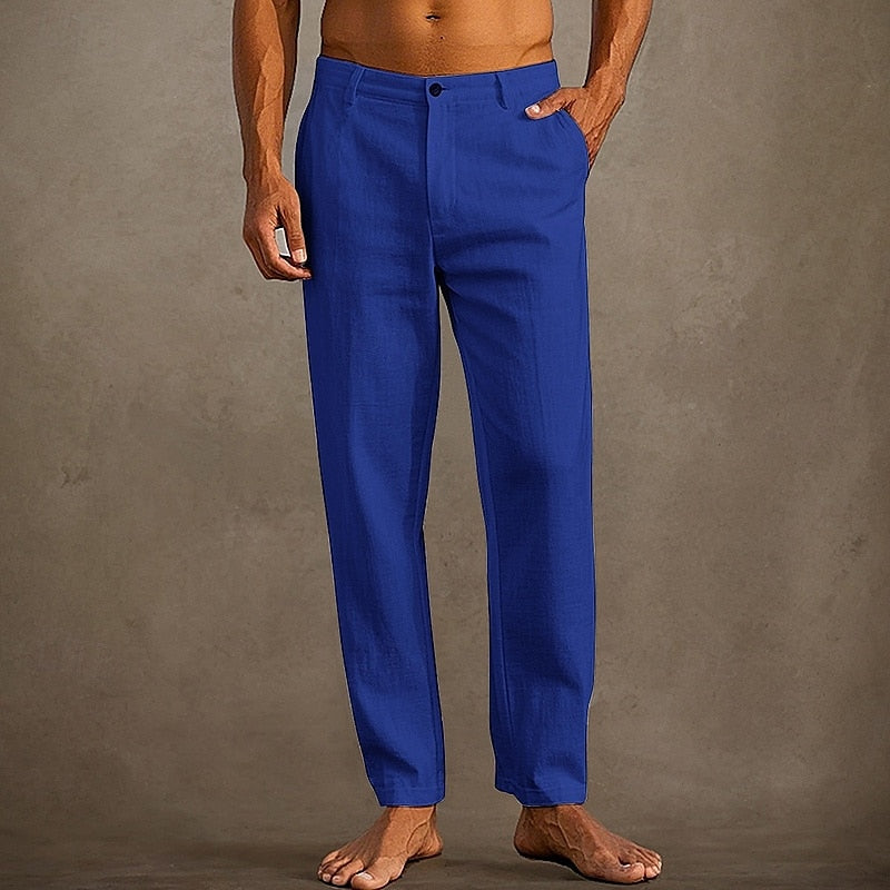 "Pantalon en lin léger pour homme, coupe décontractée, couleur estivale, idéal pour temps chaud."