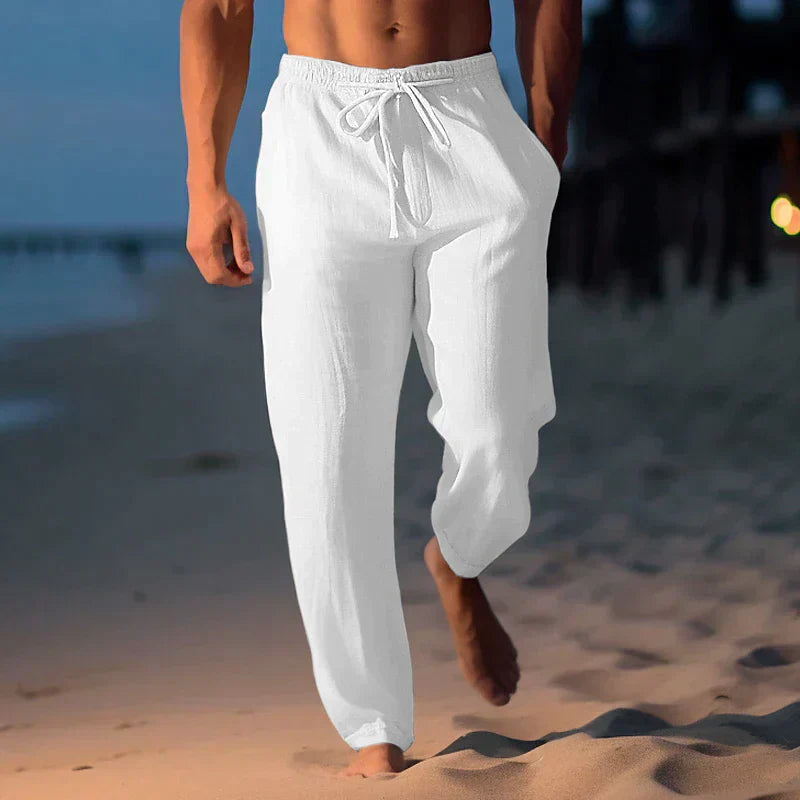 "Pantalon en lin léger pour hommes, coupe décontractée, parfait pour l'été, disponible en plusieurs tailles et couleurs."