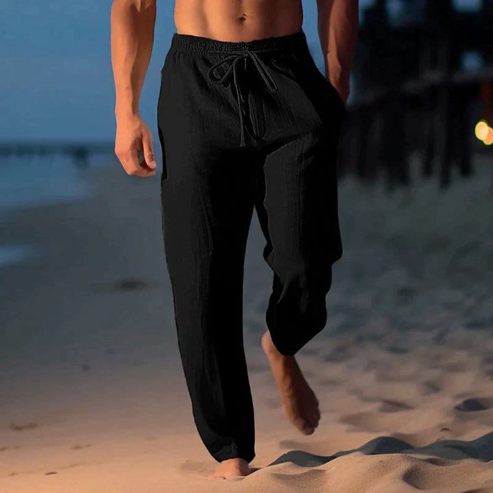 "Pantalon en lin léger pour hommes, coupe décontractée, parfait pour l'été, disponible en plusieurs tailles et couleurs."