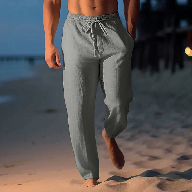"Pantalon en lin léger pour hommes, coupe décontractée, parfait pour l'été, disponible en plusieurs tailles et couleurs."