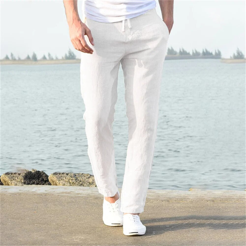 "Pantalon en lin pour homme, coupe droite, couleur unie, poches discrètes, léger et respirant, élégant et décontracté."