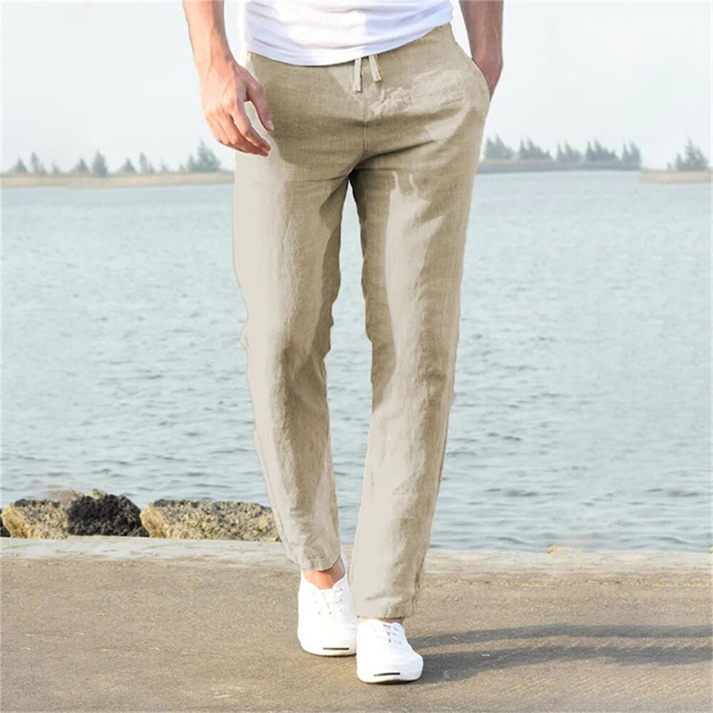 "Pantalon en lin pour homme, coupe droite, couleur unie, poches discrètes, léger et respirant, élégant et décontracté."