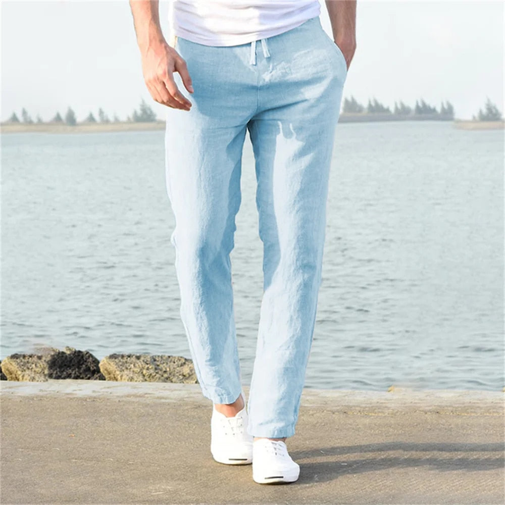 "Pantalon en lin pour homme, coupe droite, couleur unie, poches discrètes, léger et respirant, élégant et décontracté."