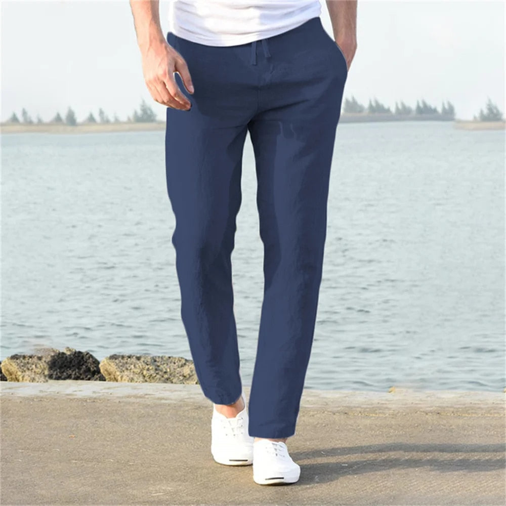 "Pantalon en lin pour homme, coupe droite, couleur unie, poches discrètes, léger et respirant, élégant et décontracté."