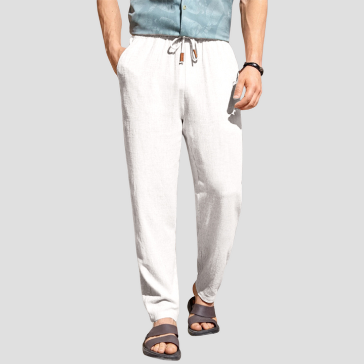 Pantalon en lin pour homme, coupe droite fluide, tissu respirant, cordon ajustable, style décontracté et élégant.