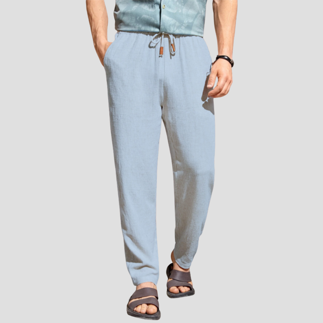 Pantalon en lin pour homme, coupe droite fluide, tissu respirant, cordon ajustable, style décontracté et élégant.