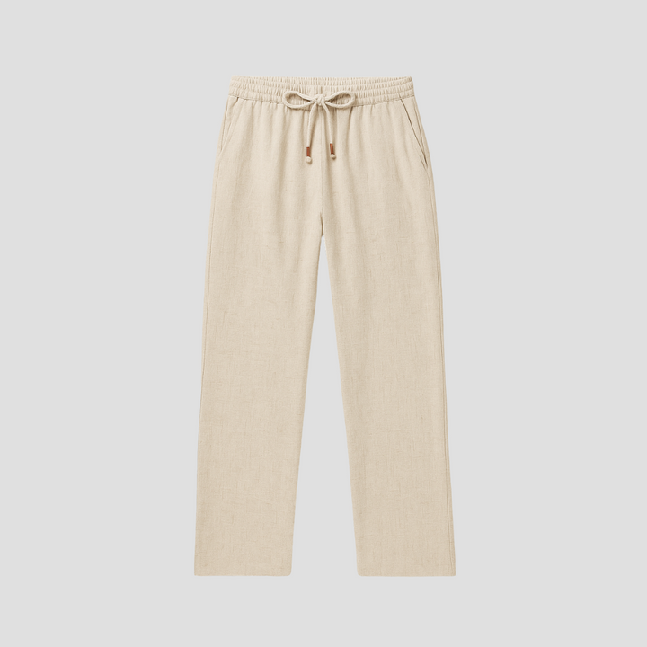 Pantalon en lin pour homme, coupe droite fluide, tissu respirant, cordon ajustable, style décontracté et élégant.